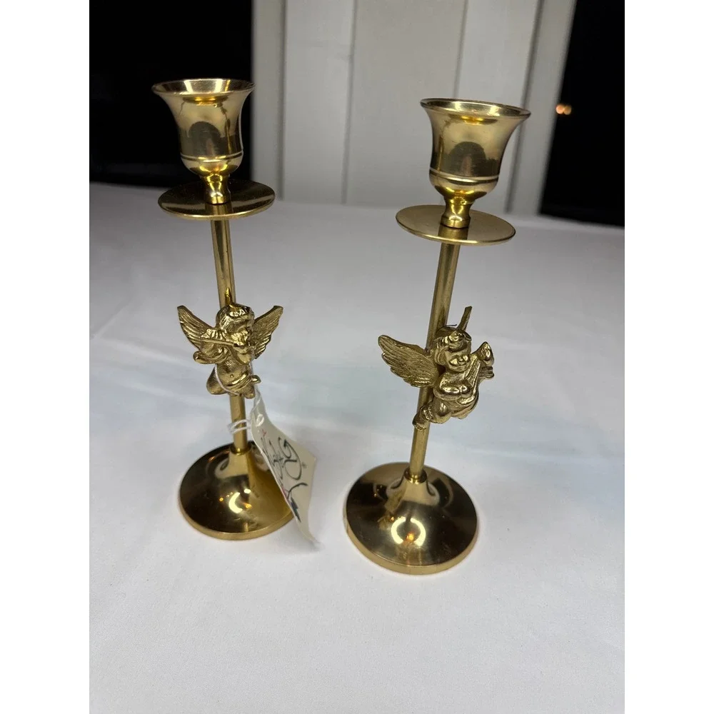 H&G Brass Cherub Angel Candlestick Holders Set of 2 Vintage Gold Taper Holders